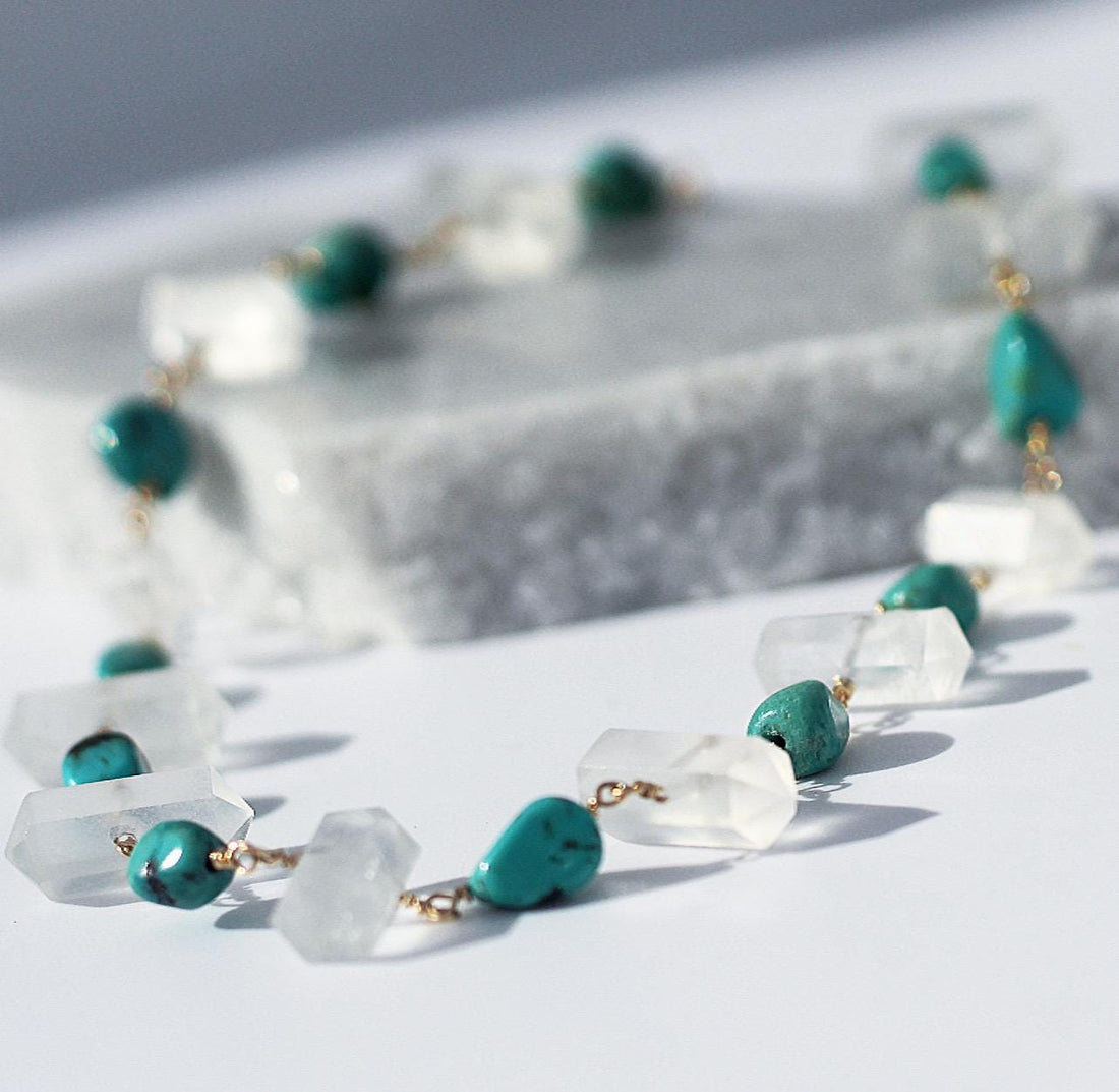 Arizona Turquoise and Crystal Quartz Point Choker Necklace in 14k Gold Filled or Sterling Silver