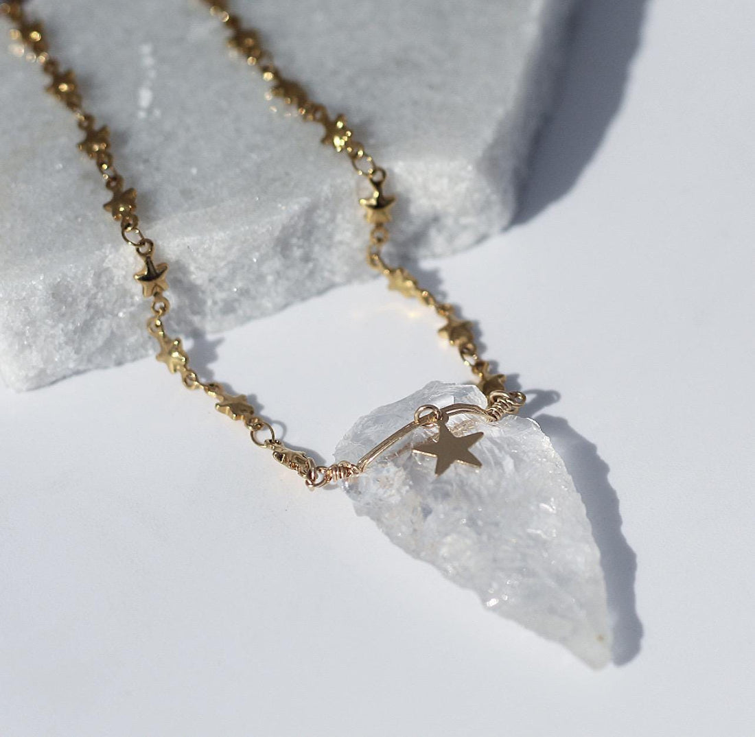 Cosmic Protection Arrowhead Necklace on Gold or Silver Tiny Stars Chain
